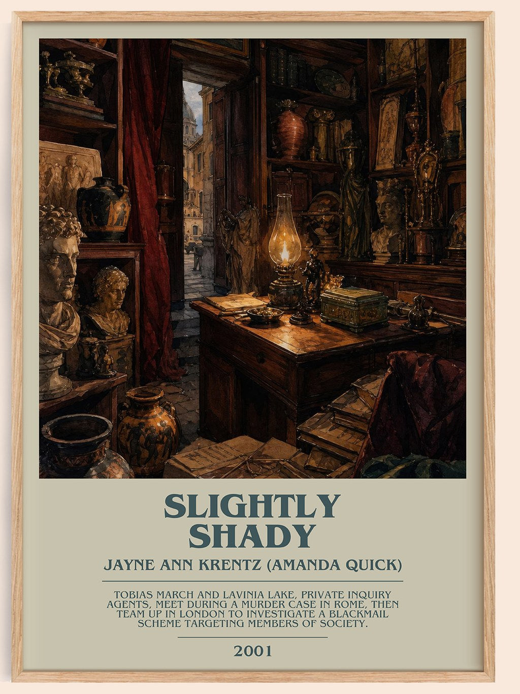 Slightly Shady bookish book poster by Jayne Ann Krentz (Amanda Quick) – framed literary art print