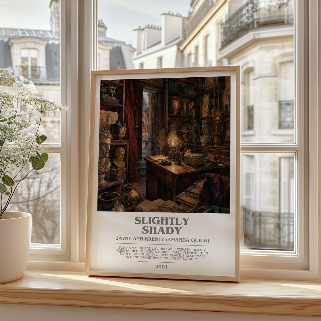 Slightly Shady Bookish Wall Art by Jayne Ann Krentz (Amanda Quick) – framed print by a bright window