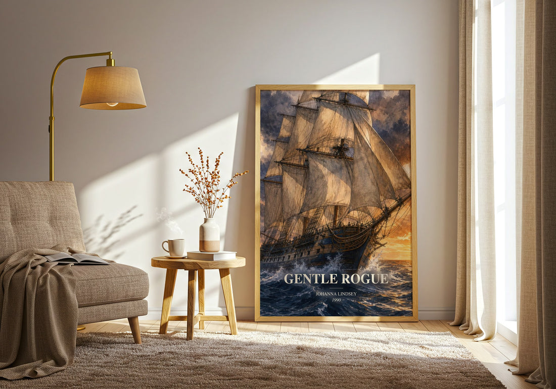Gentle Rogue watercolour print in frame leaning in hallway – romance wall art (mockup)