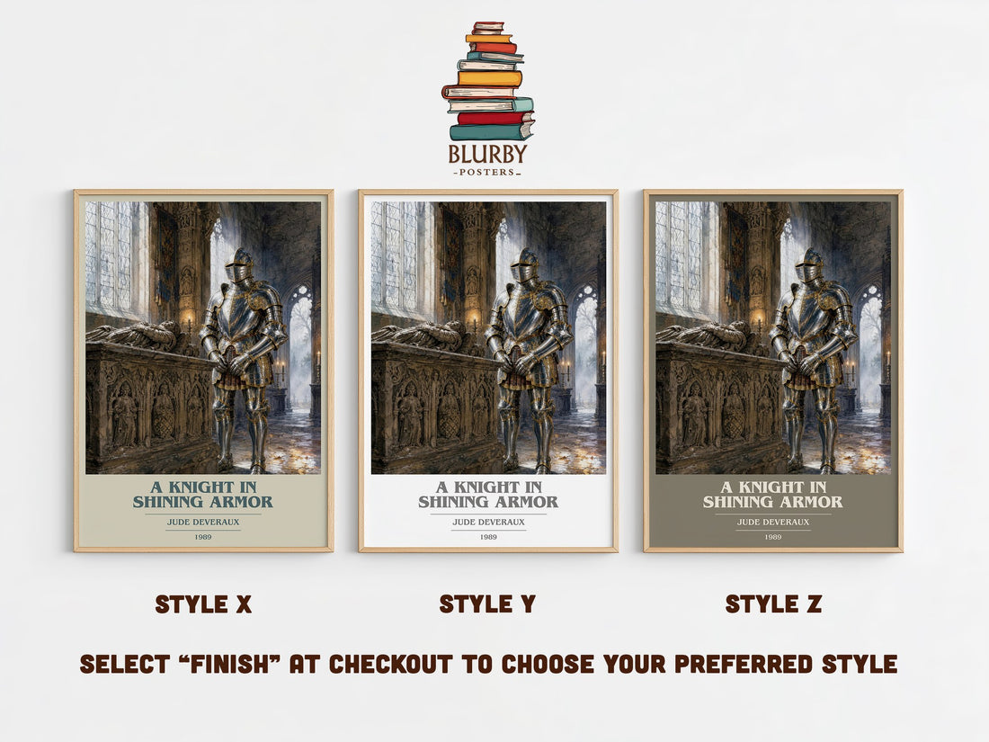 A Knight in Shining Armor book cover print in frame leaning in hallway – romance wall art (mockup)