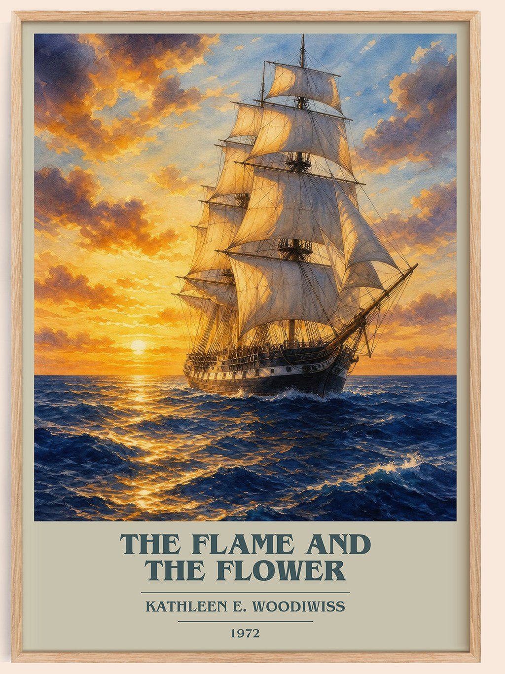 The Flame and the Flower book cover book poster by Kathleen E. Woodiwiss – framed literary art print