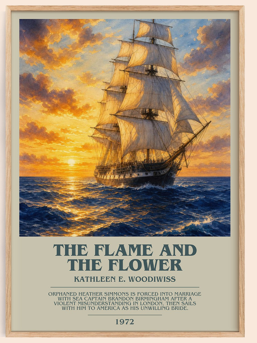 The Flame and the Flower bookish book poster by Kathleen E. Woodiwiss – framed literary art print