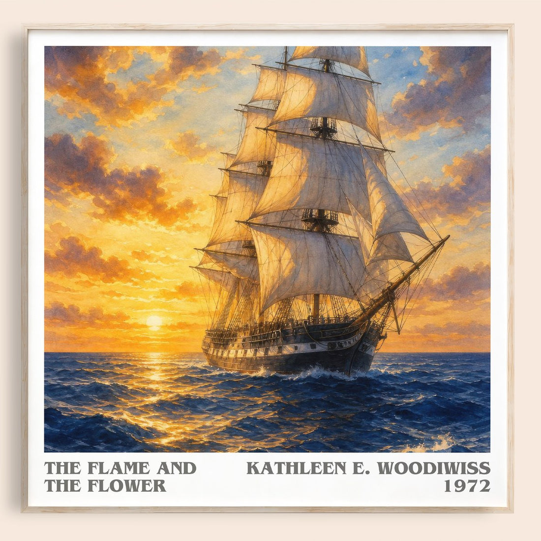 The Flame and the Flower literary book poster by Kathleen E. Woodiwiss – framed literary art print