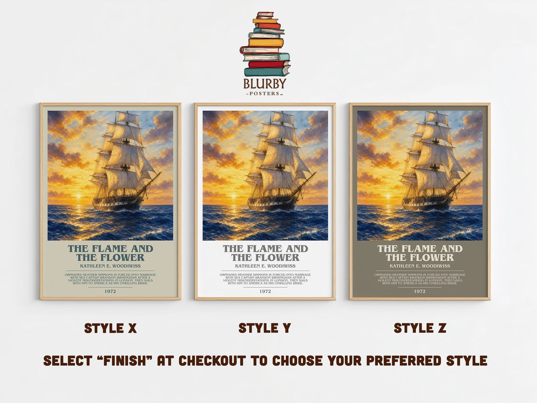 The Flame and the Flower bookish print in frame leaning in hallway – romance wall art (mockup)