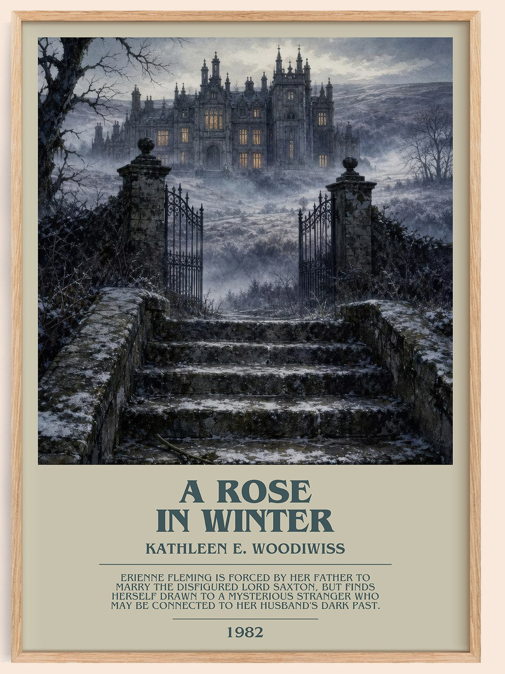A Rose in Winter bookish book poster by Kathleen E. Woodiwiss – framed literary art print