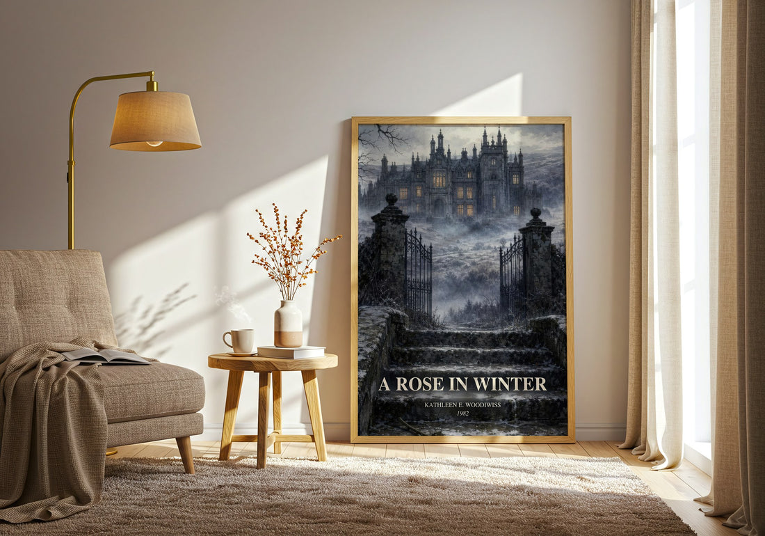 A Rose in Winter watercolour print in frame leaning in hallway – romance wall art (mockup)