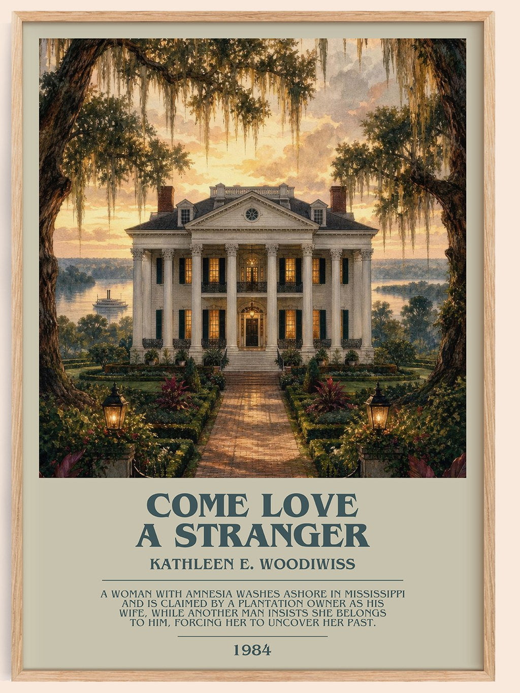 Come Love a Stranger bookish book poster by Kathleen E. Woodiwiss – framed literary art print