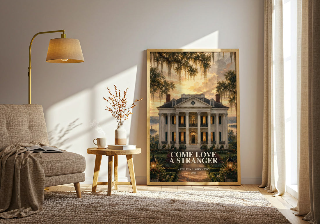 Come Love a Stranger watercolour print in frame leaning in hallway – romance wall art (mockup)