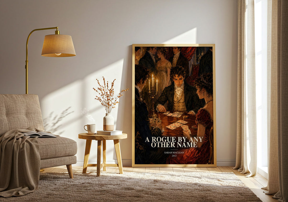 A Rogue by Any Other Name watercolour print in frame leaning in hallway – romance wall art (mockup)