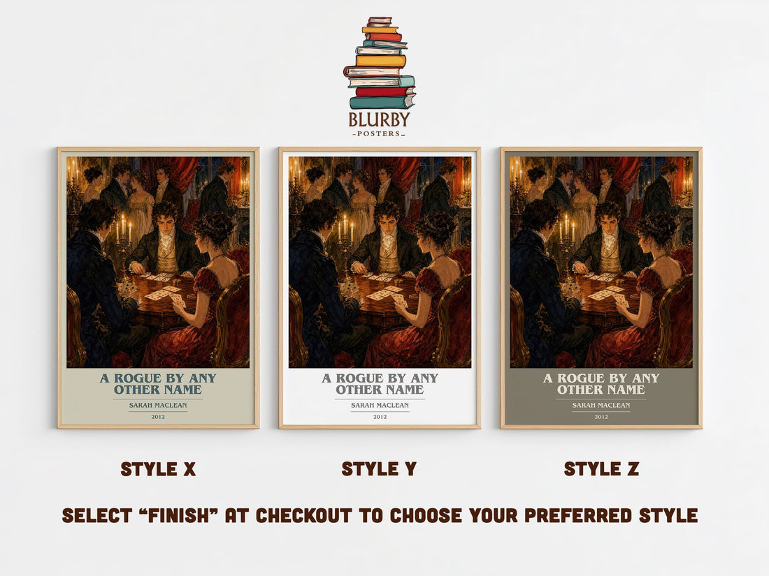 A Rogue by Any Other Name book cover print in frame leaning in hallway – romance wall art (mockup)