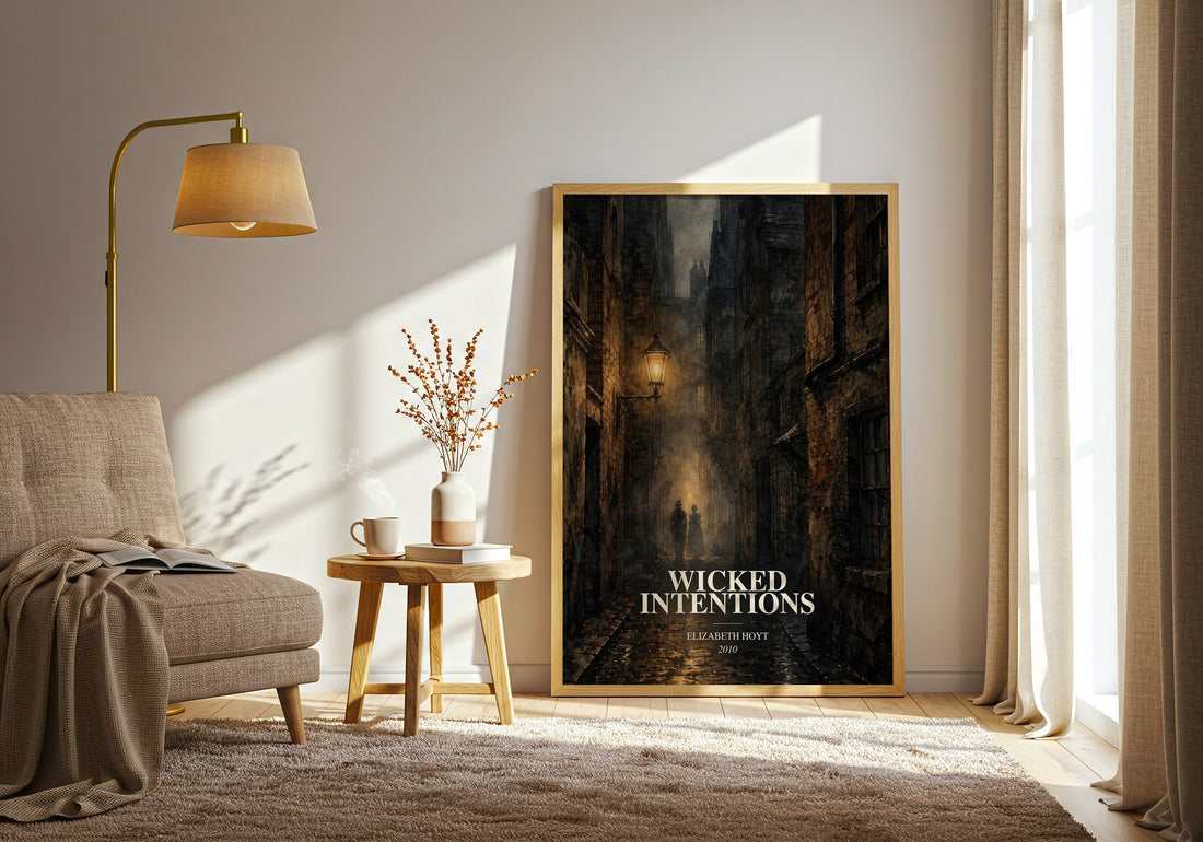 Wicked Intentions watercolour print in frame leaning in hallway – romance wall art (mockup)