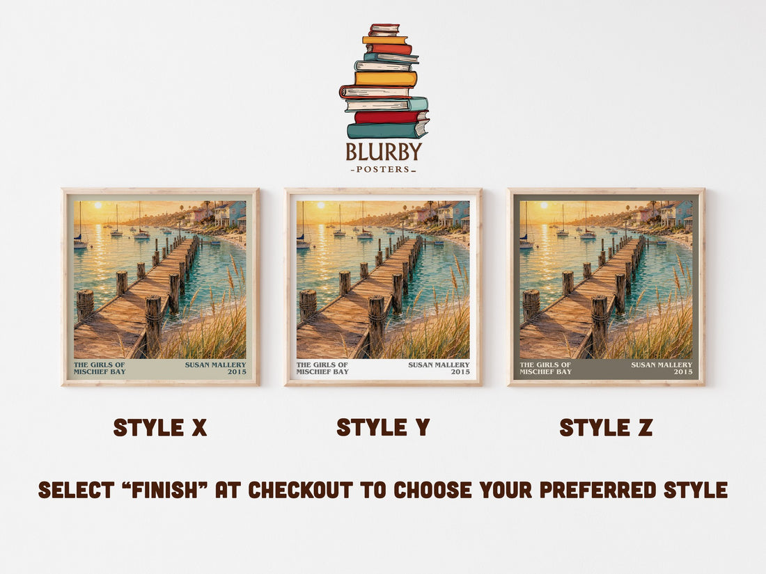 The Girls of Mischief Bay literary print in frame leaning in hallway – contemporary fiction wall art (mockup)