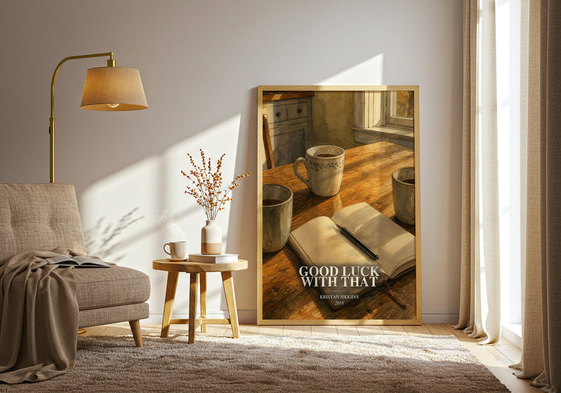 Good Luck with That watercolour print in frame leaning in hallway – contemporary fiction wall art (mockup)