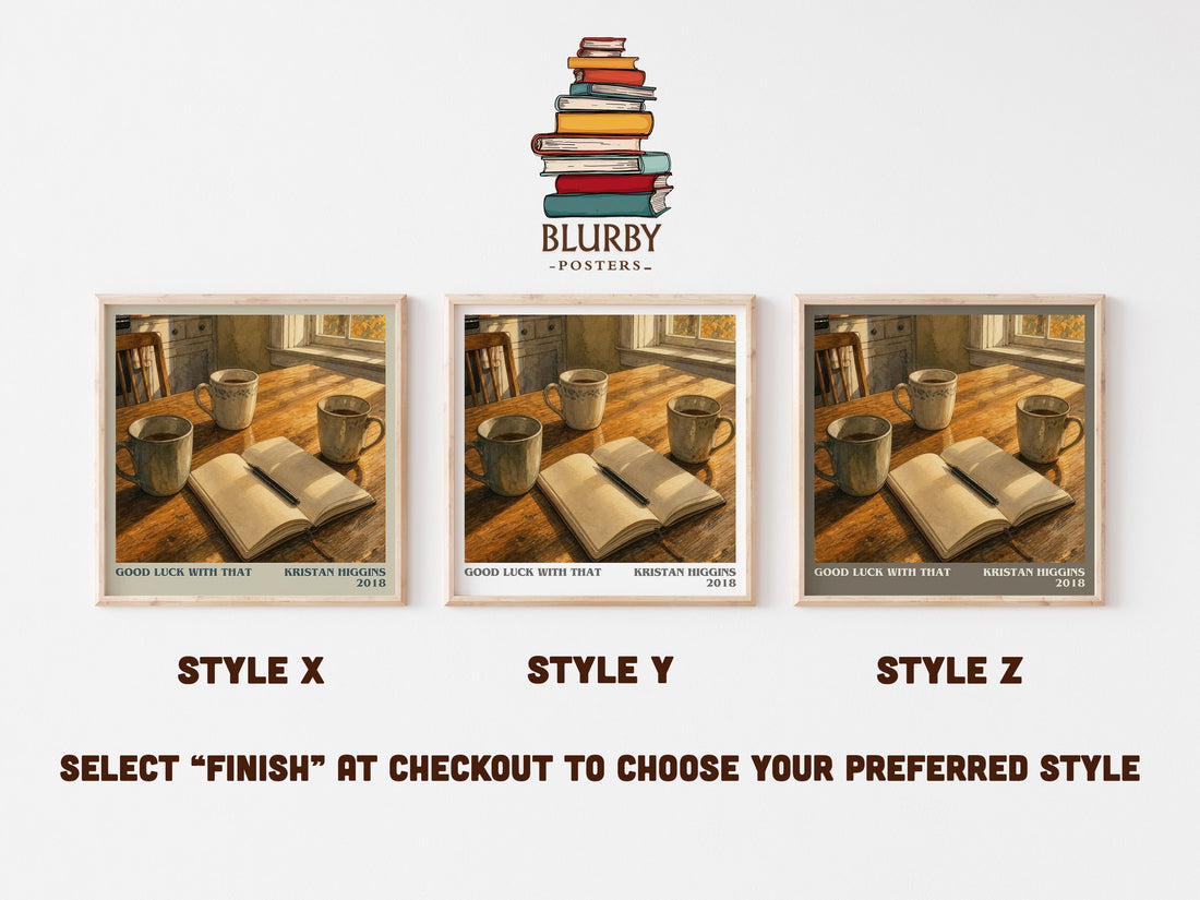 Good Luck with That literary print in frame leaning in hallway – contemporary fiction wall art (mockup)