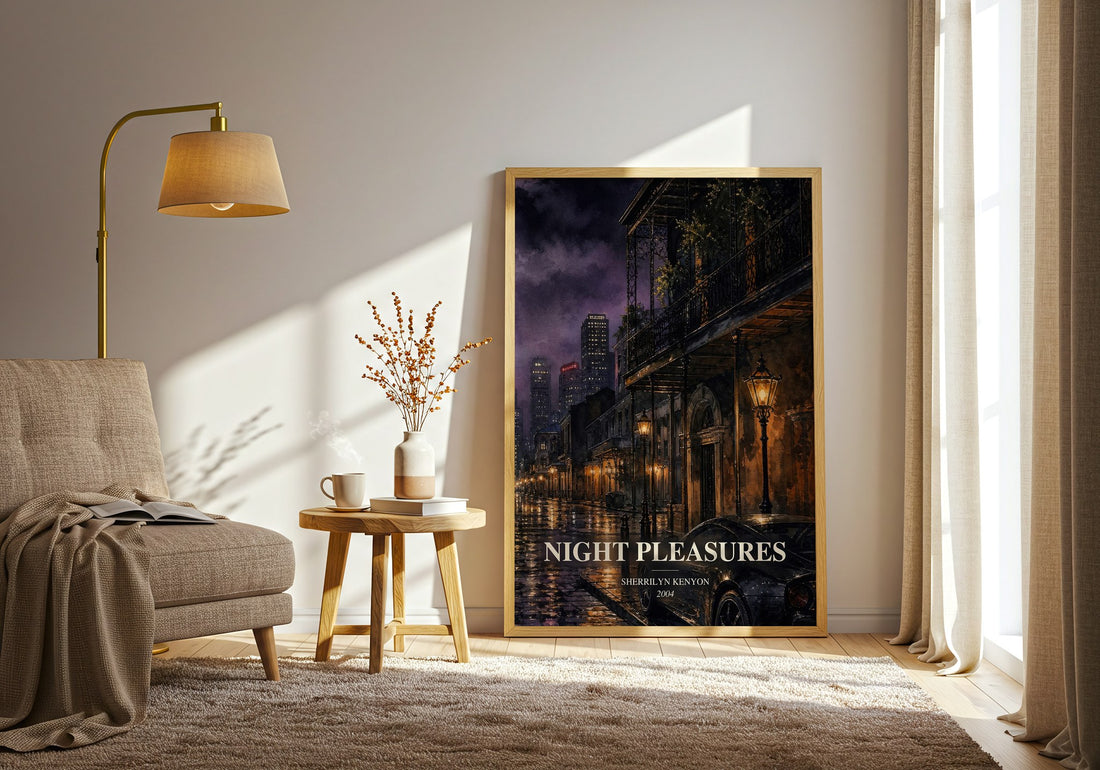 Night Pleasures watercolour print in frame leaning in hallway – romance wall art (mockup)