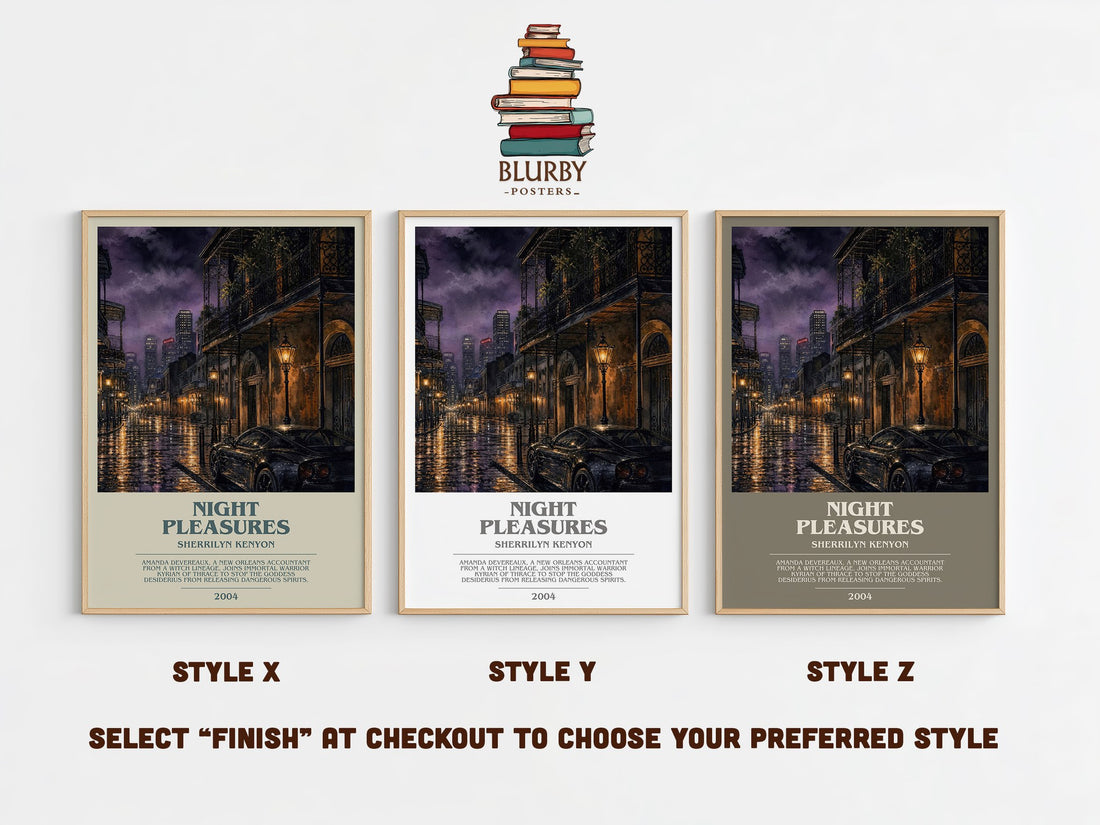 Night Pleasures bookish print in frame leaning in hallway – romance wall art (mockup)