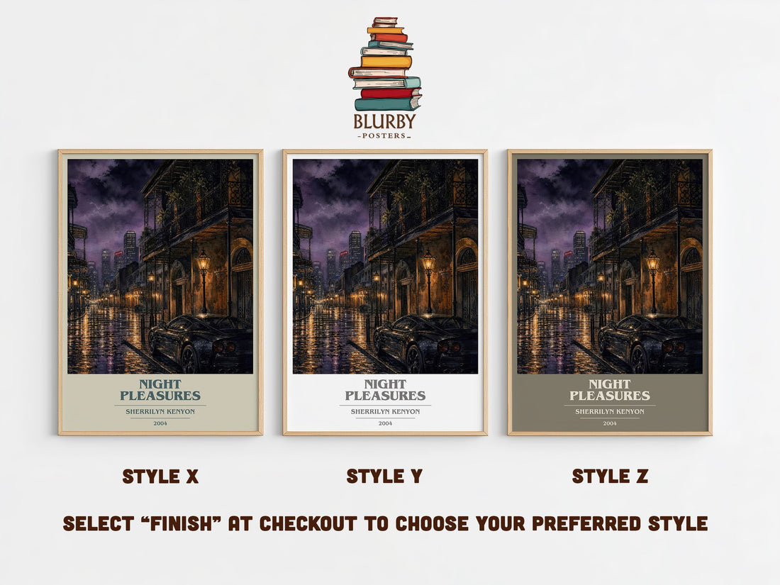 Night Pleasures book cover print in frame leaning in hallway – romance wall art (mockup)