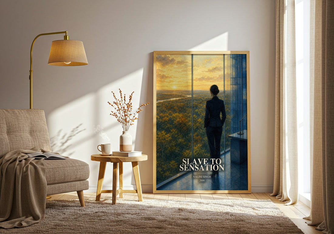 Slave to Sensation watercolour print in frame leaning in hallway – romance wall art (mockup)