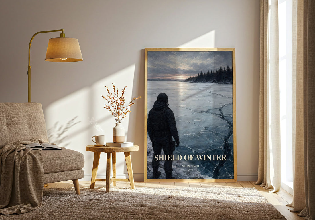 Shield of Winter watercolour print in frame leaning in hallway – romance wall art (mockup)