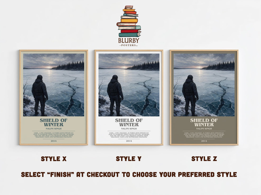 Shield of Winter bookish print in frame leaning in hallway – romance wall art (mockup)
