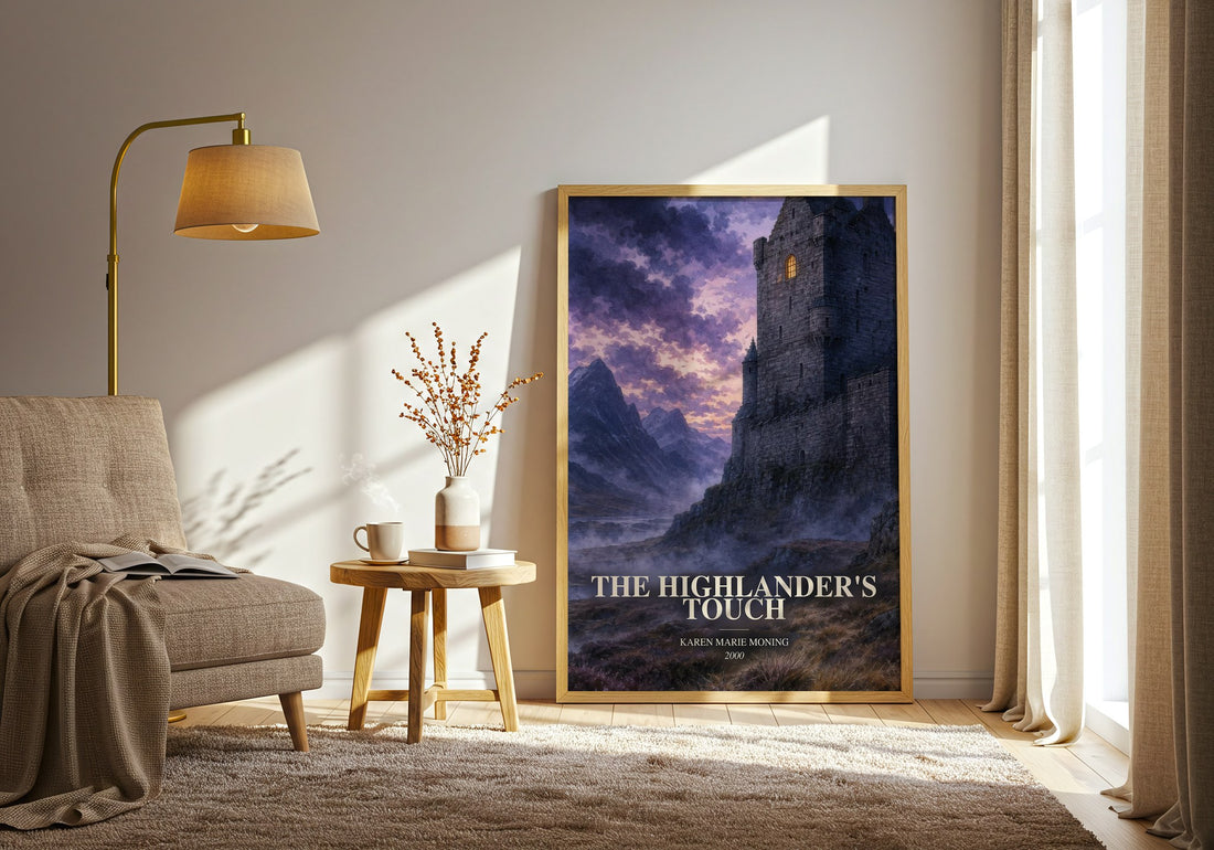 The Highlander's Touch watercolour print in frame leaning in hallway – romance wall art (mockup)