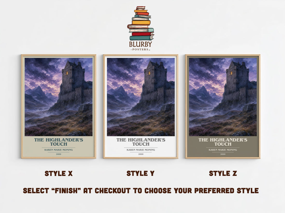The Highlander's Touch book cover print in frame leaning in hallway – romance wall art (mockup)