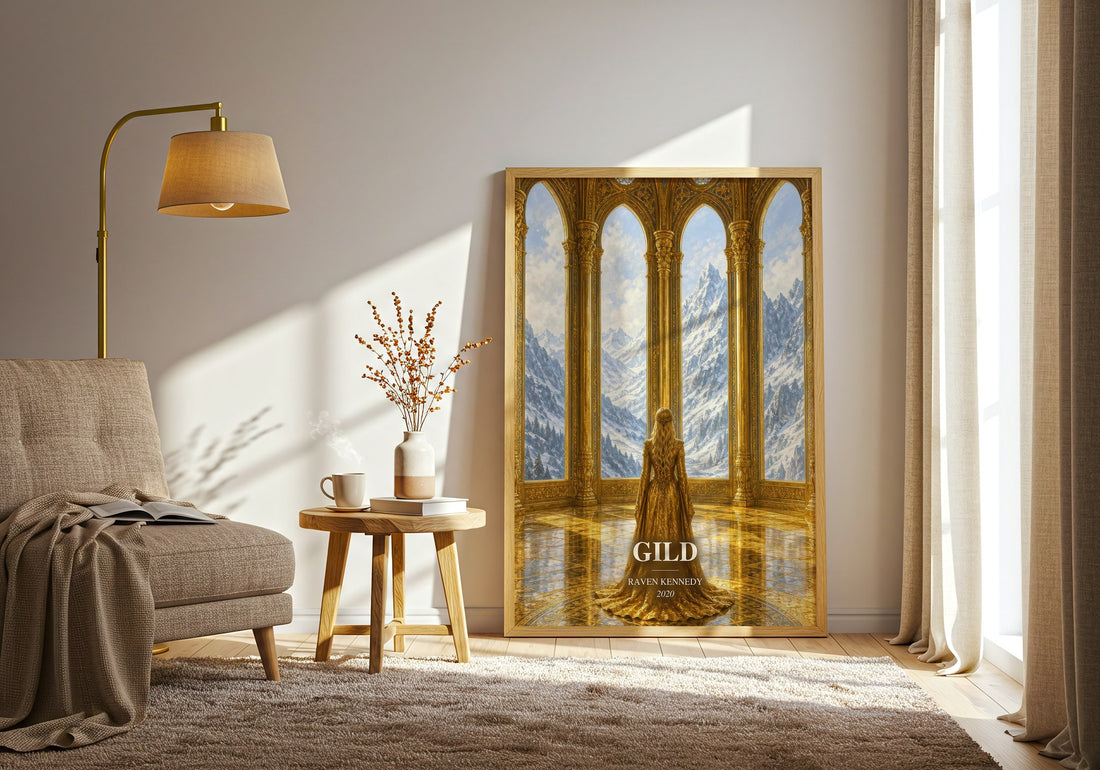 Gild watercolour print in frame leaning in hallway – fantasy wall art (mockup)