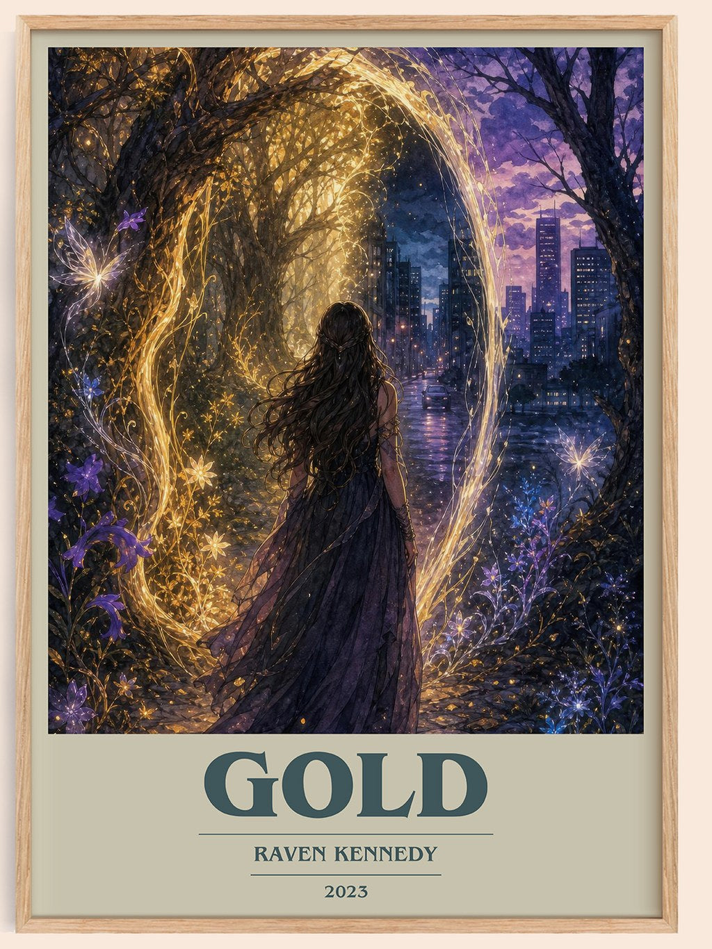 Gold book cover book poster by Raven Kennedy – framed literary art print