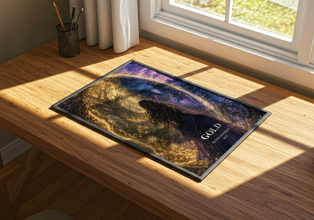 Gold watercolour book poster framed on wall – fantasy wall art