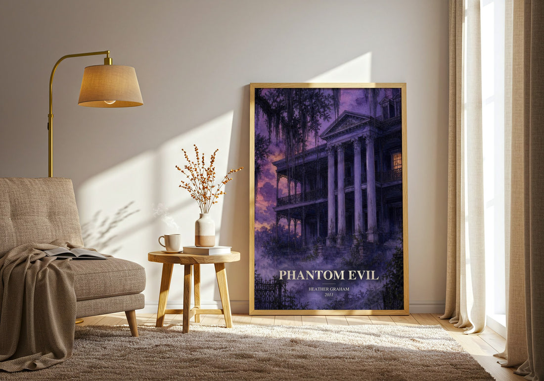 Phantom Evil watercolour print in frame leaning in hallway – thriller wall art