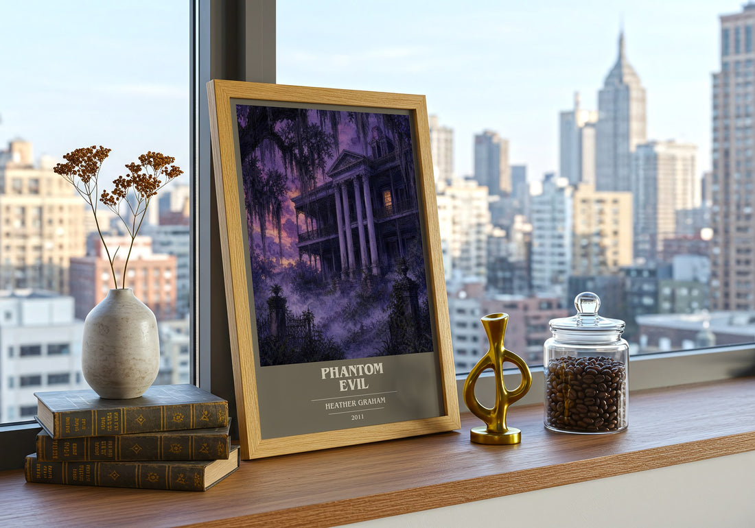 Phantom Evil book cover print framed by window – literary home decor