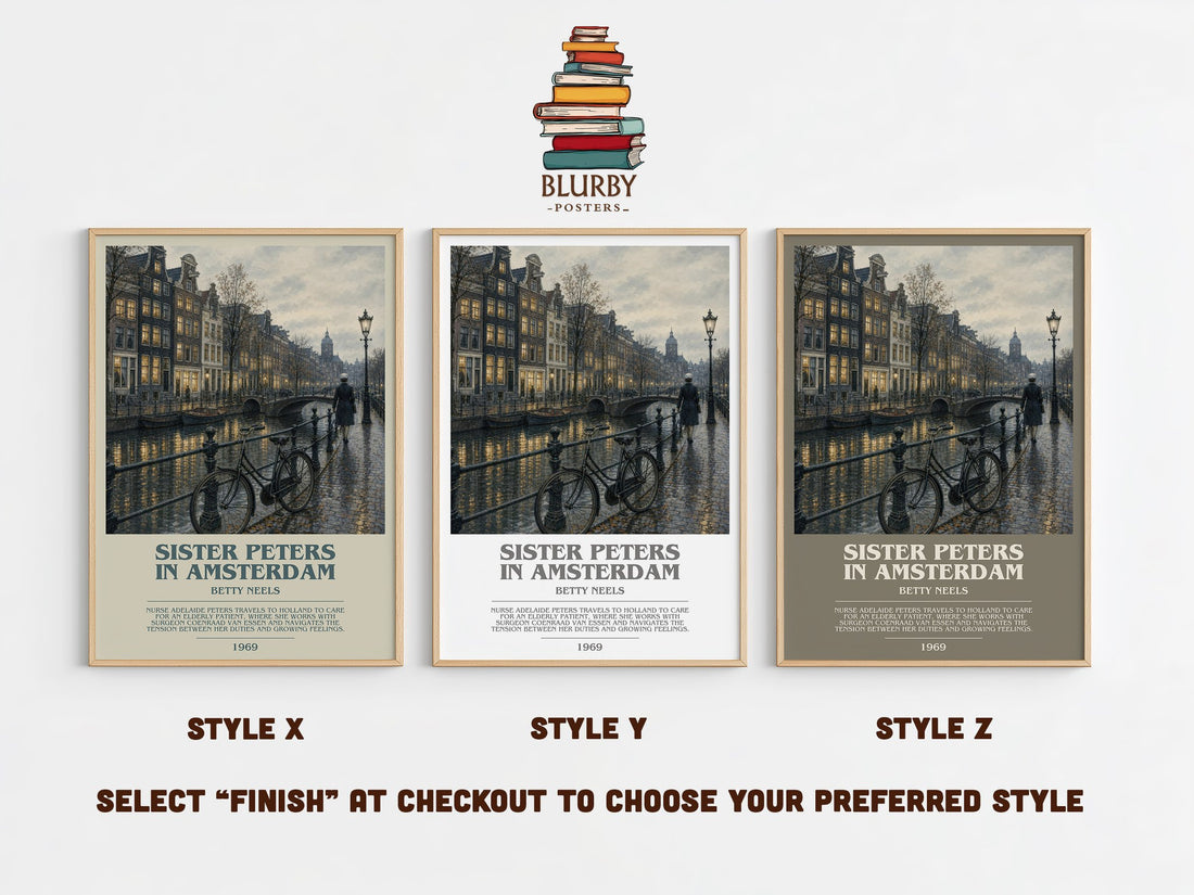 Sister Peters in Amsterdam bookish print in frame leaning in hallway – romance wall art (mockup)