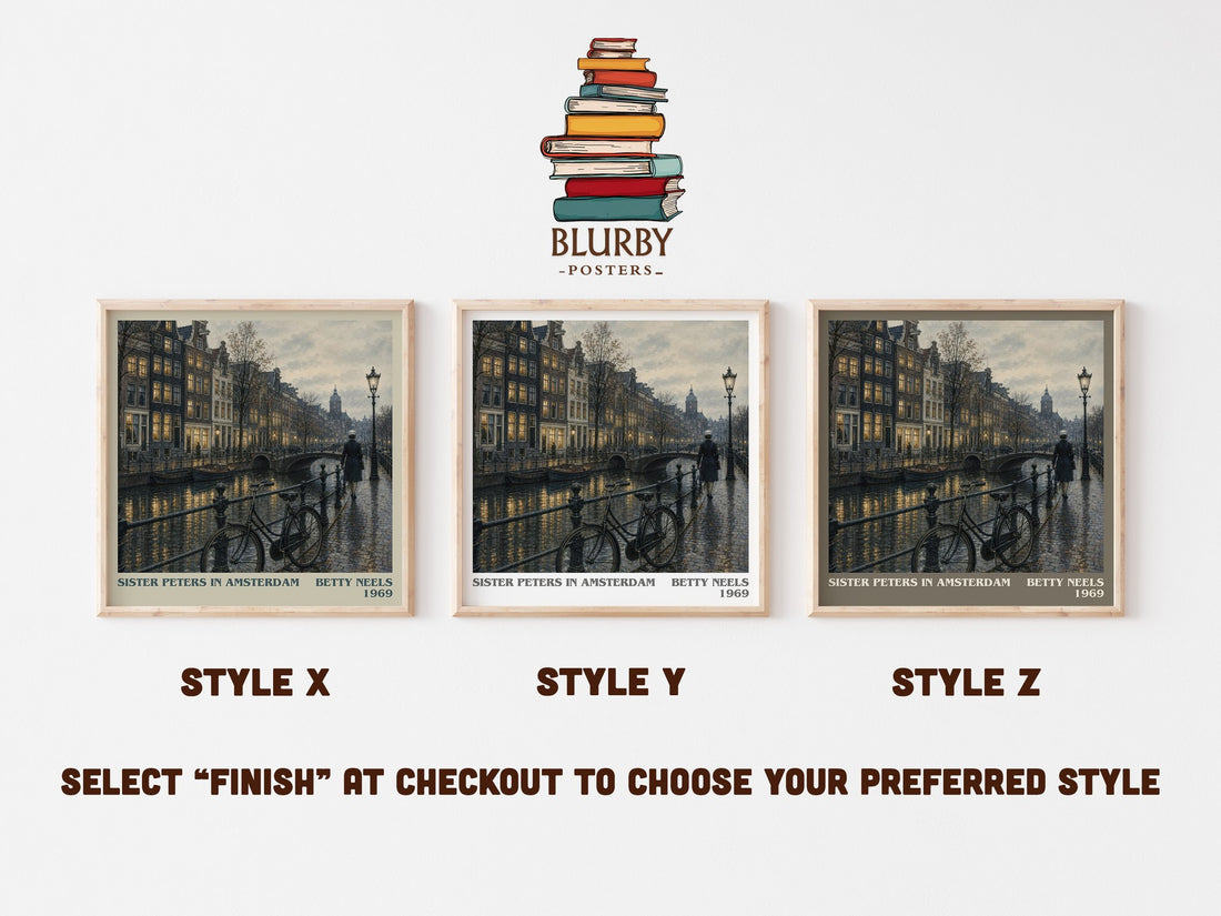 Sister Peters in Amsterdam literary print in frame leaning in hallway – romance wall art (mockup)