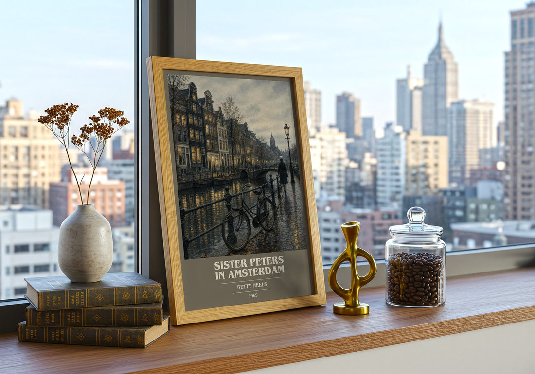 Sister Peters in Amsterdam book cover print framed by window – literary home decor