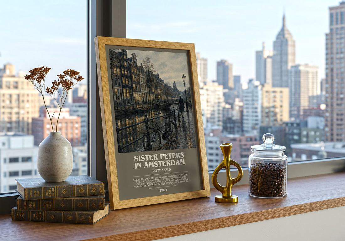Sister Peters in Amsterdam bookish print framed by window – literary home decor