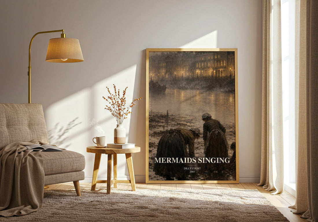 Mermaids Singing watercolour print in frame leaning in hallway – historical fiction wall art