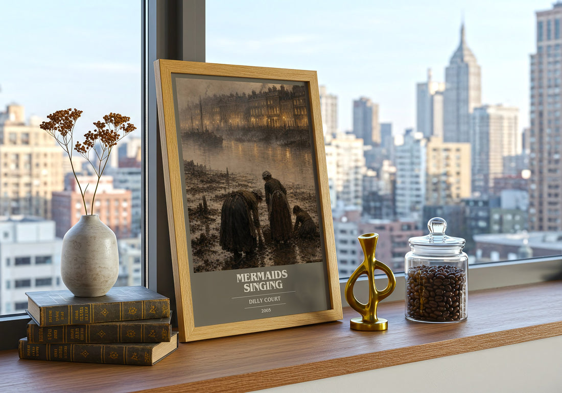 Mermaids Singing book cover print framed by window – literary home decor