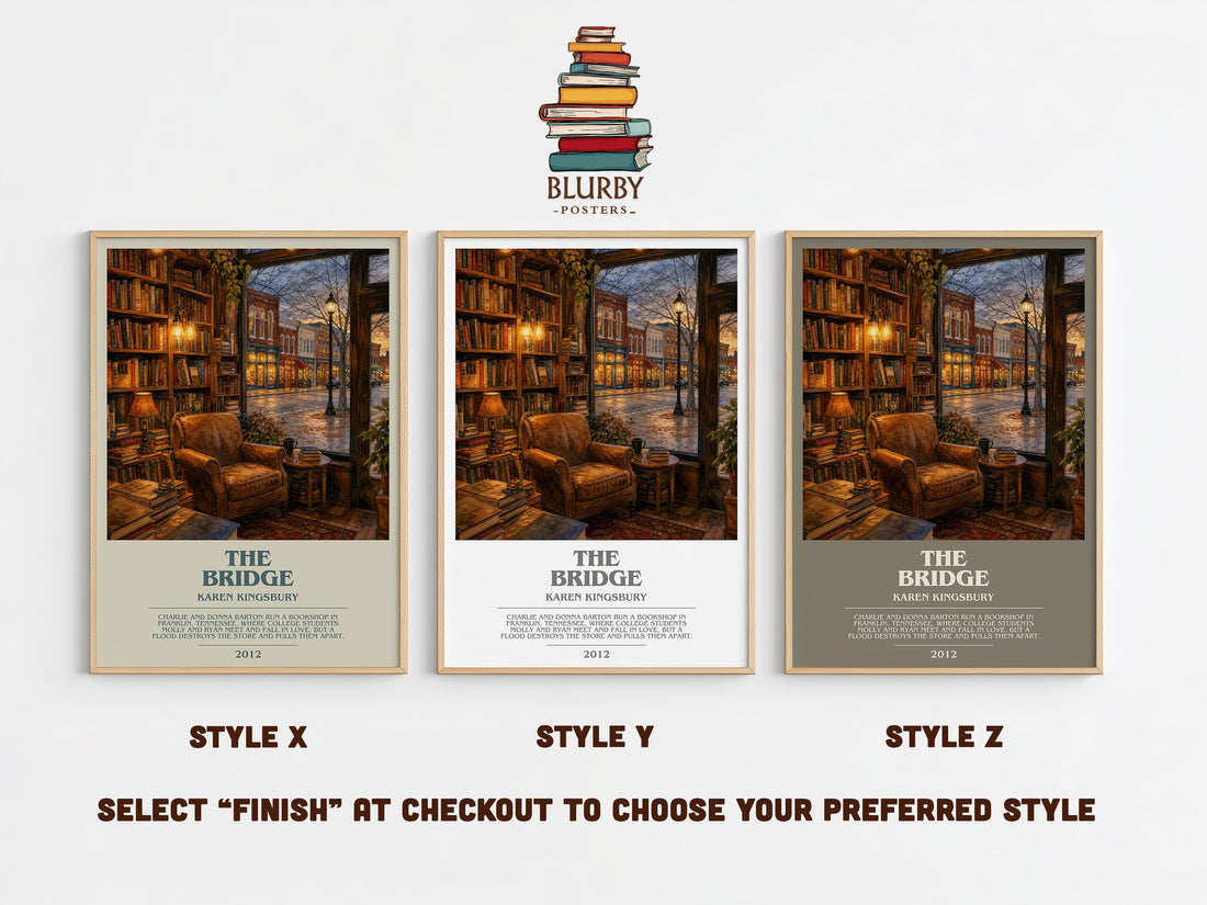 The Bridge bookish print in frame leaning in hallway – contemporary fiction wall art (mockup)