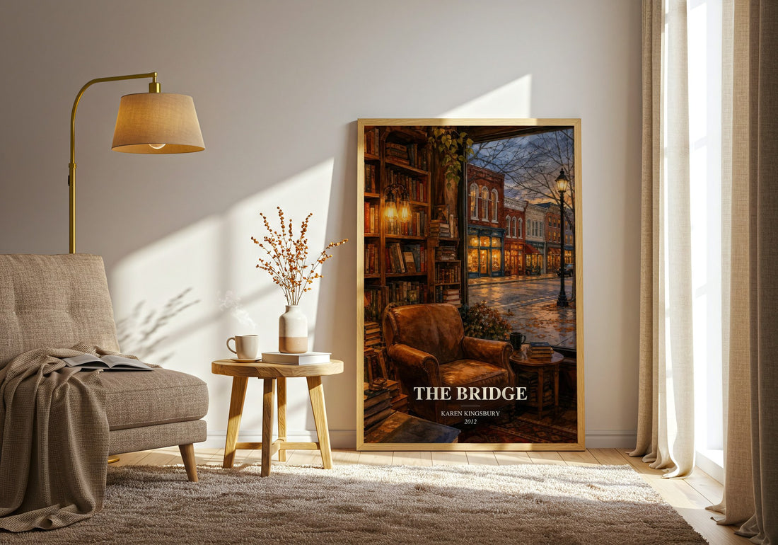 The Bridge watercolour print in frame leaning in hallway – contemporary fiction wall art
