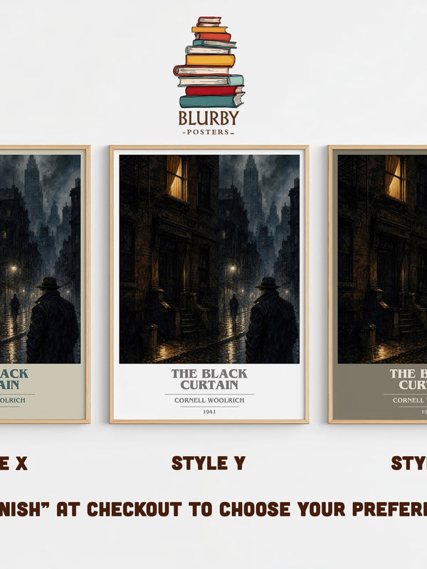 The Black Curtain book cover print in frame leaning in hallway – mystery wall art