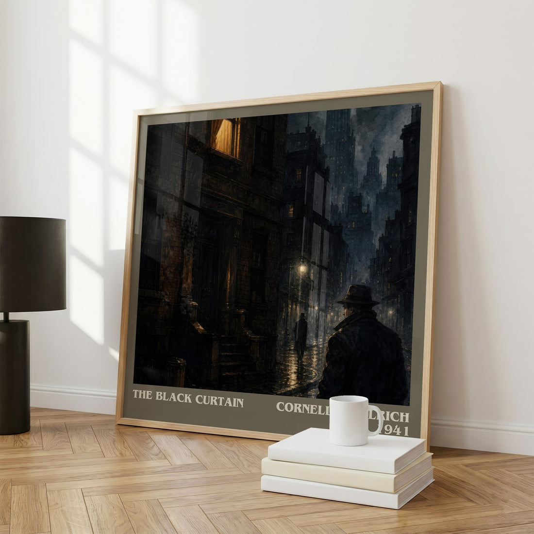 The Black Curtain literary print framed by window – literary home decor