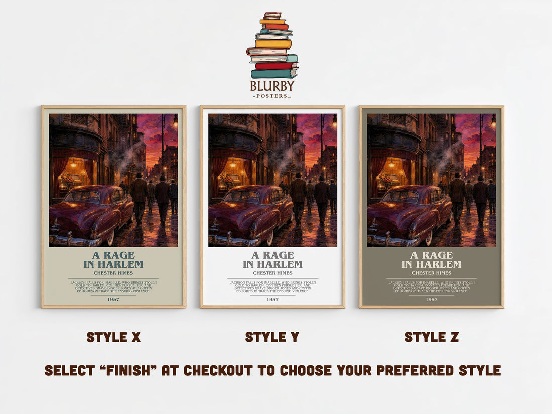 A Rage in Harlem bookish print in frame leaning in hallway – crime wall art (mockup)