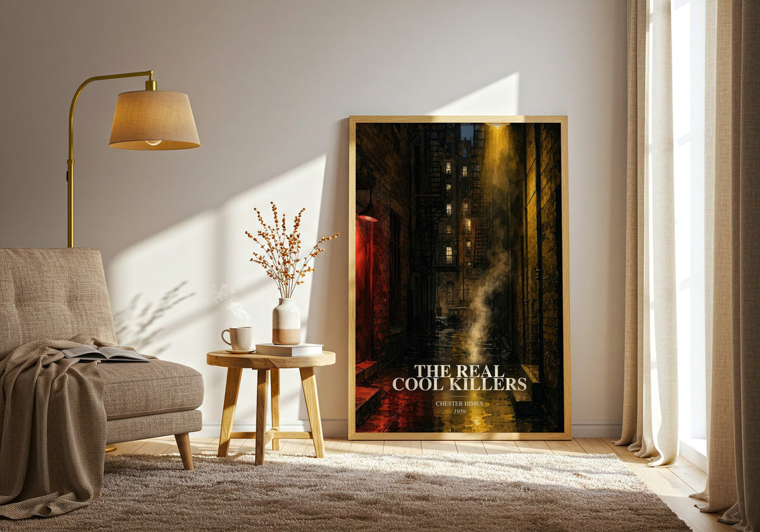 The Real Cool Killers watercolour print in frame leaning in hallway – crime wall art