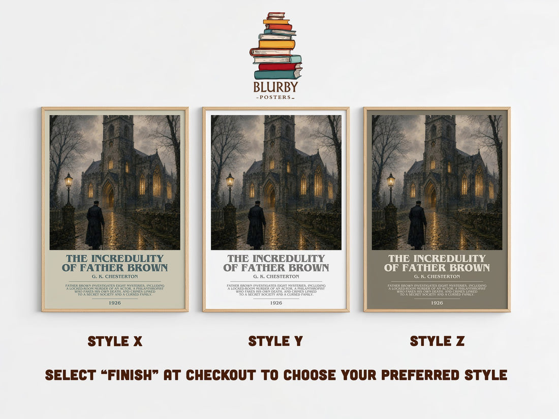 The Incredulity of Father Brown bookish print in frame leaning in hallway – mystery wall art (mockup)