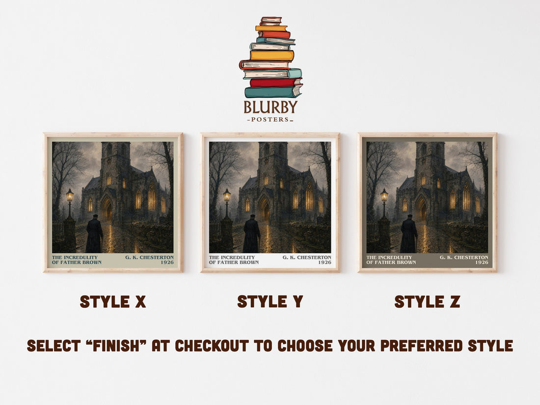 The Incredulity of Father Brown literary print in frame leaning in hallway – mystery wall art (mockup)
