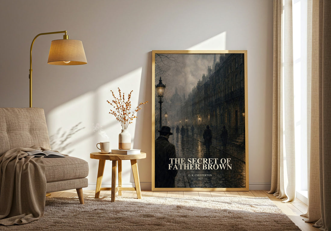The Secret of Father Brown watercolour print in frame leaning in hallway – mystery wall art