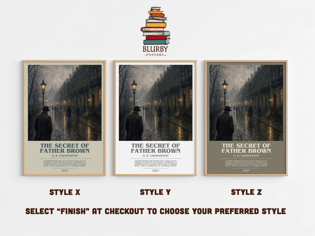 The Secret of Father Brown bookish print in frame leaning in hallway – mystery wall art (mockup)