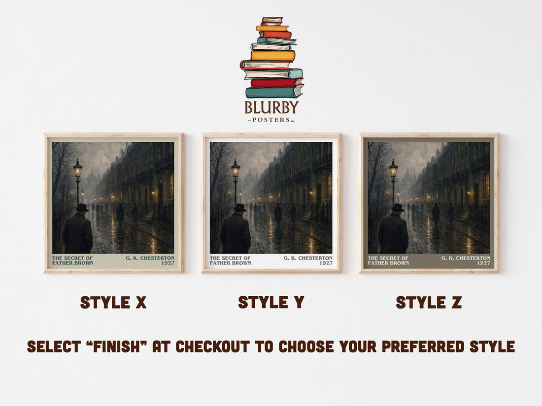 The Secret of Father Brown literary print in frame leaning in hallway – mystery wall art (mockup)