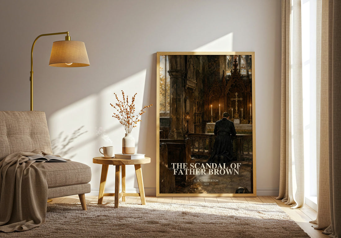 The Scandal of Father Brown watercolour print in frame leaning in hallway – mystery wall art