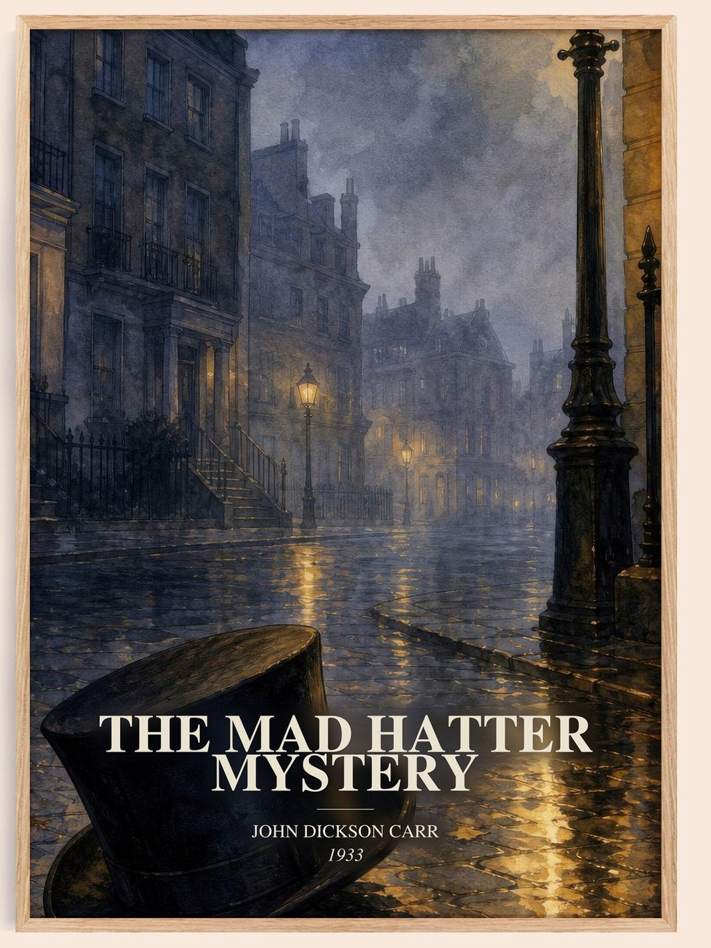 The Mad Hatter Mystery watercolour book poster by John Dickson Carr – framed literary art print
